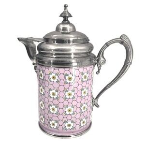 Antique Vintage Graniteware Enamel & Pewter Coffee Pot Pink Chicken Wire Dogwood